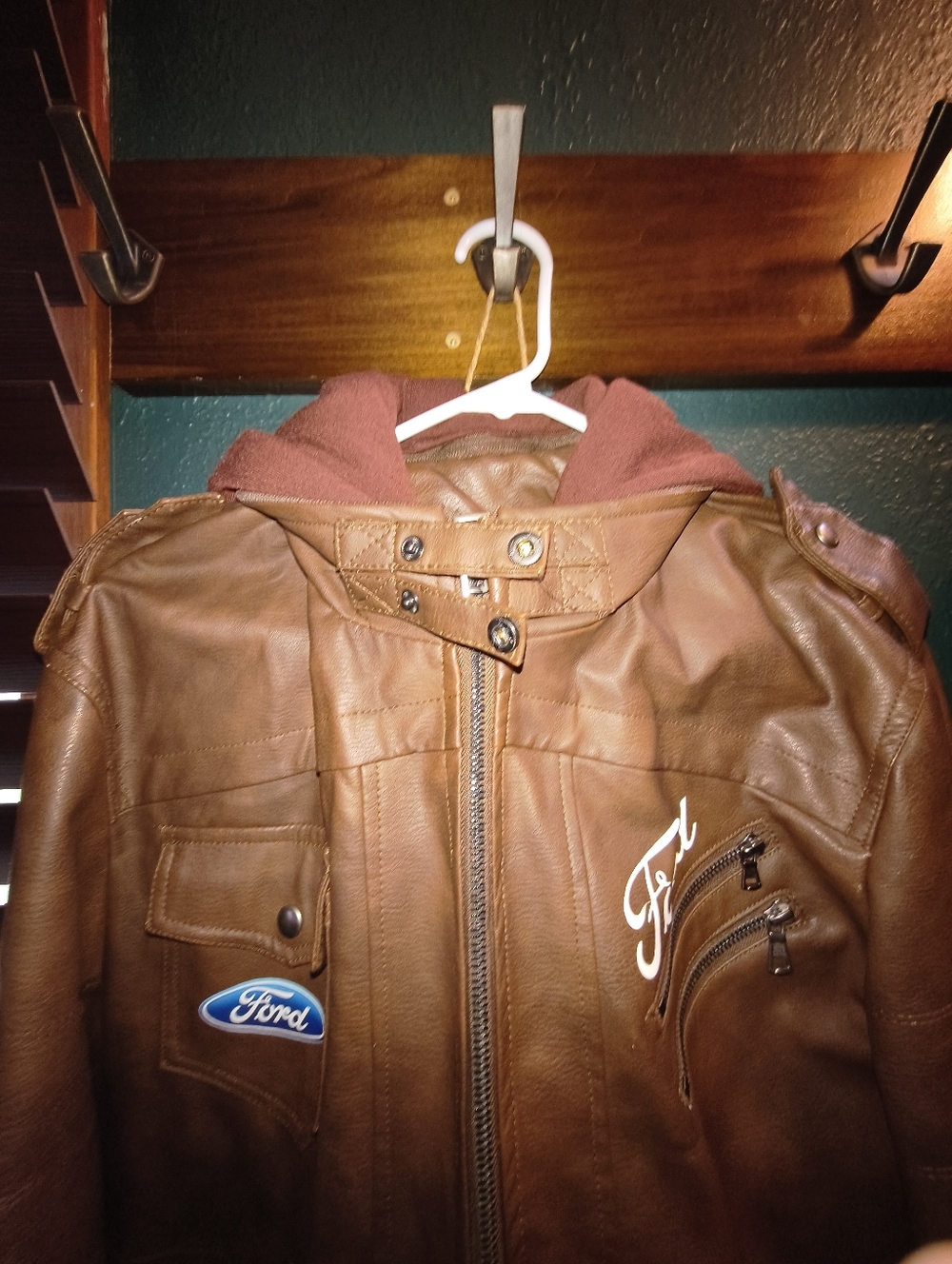 Woman's Brown Hooded Faux Leather Jacket with Ford Patch - Picture 9 of 14
